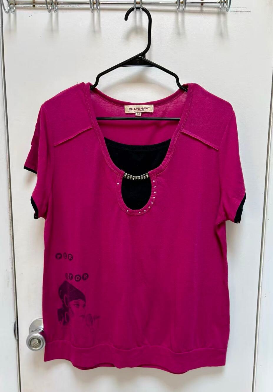 Y2K Chapshaw Faux Twinset Top Pink Rhinestone Cutout Graphic Tee Vintage Size T3